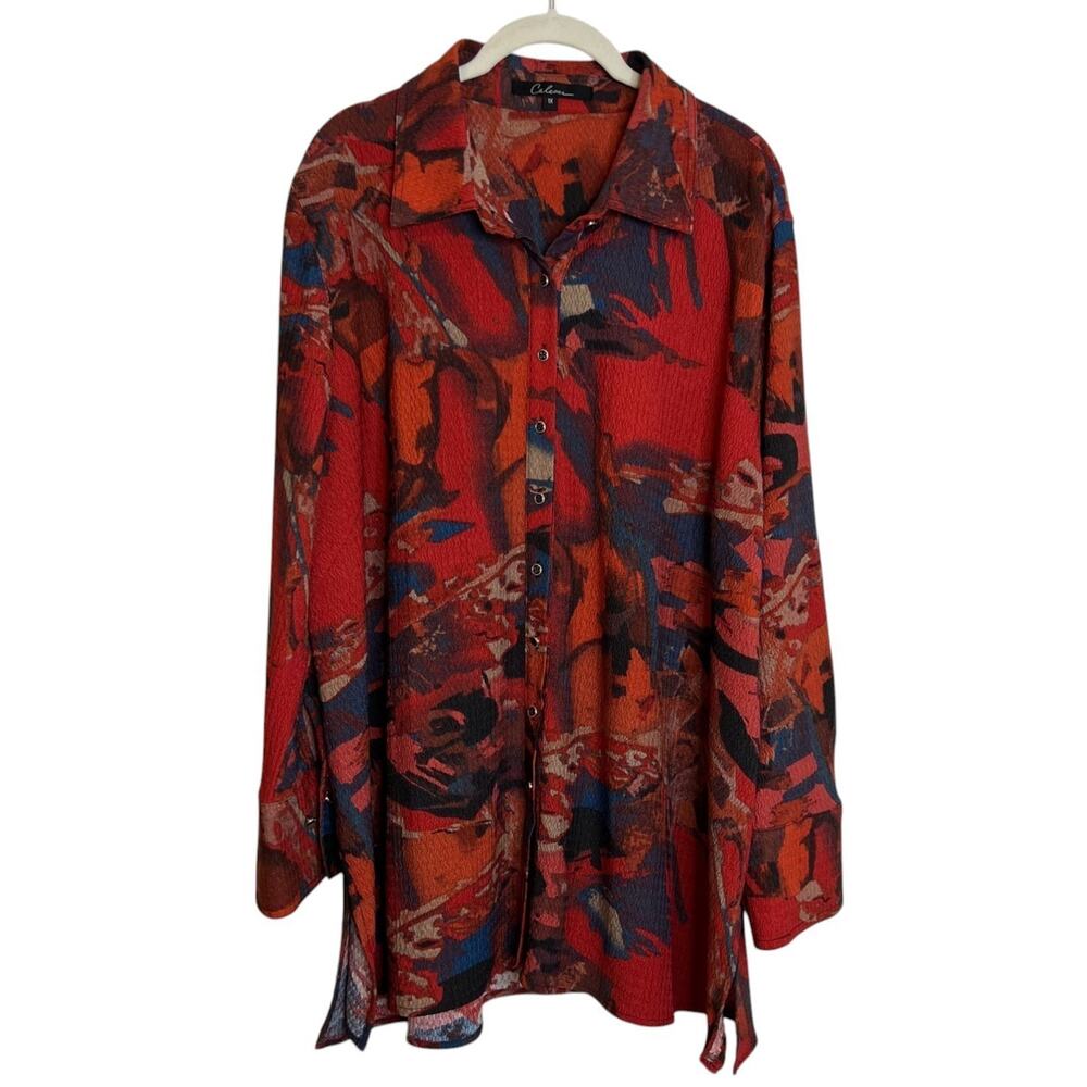 Calessa Womens Tunic Top 1X Rust Multi Abstract Print Button Front Long Sleeve